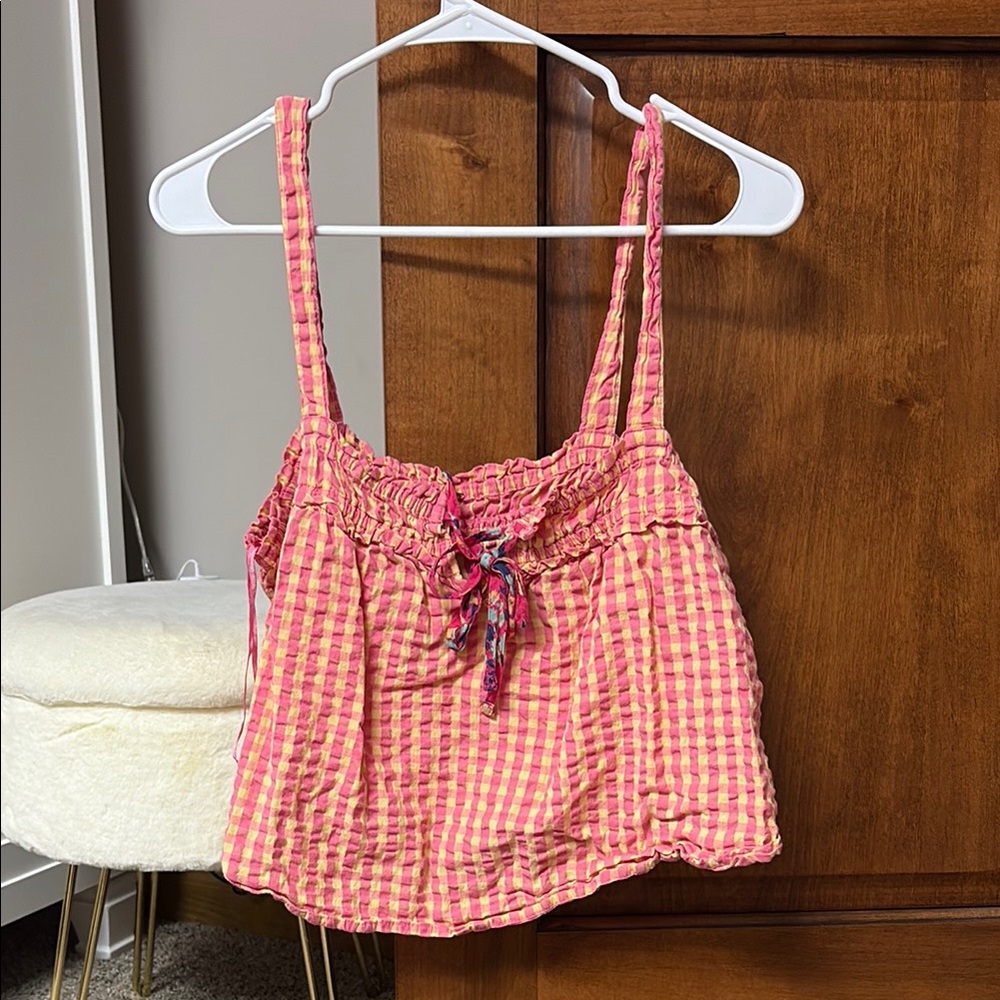 Free People Pink and Yellow Checkered Crop Top
